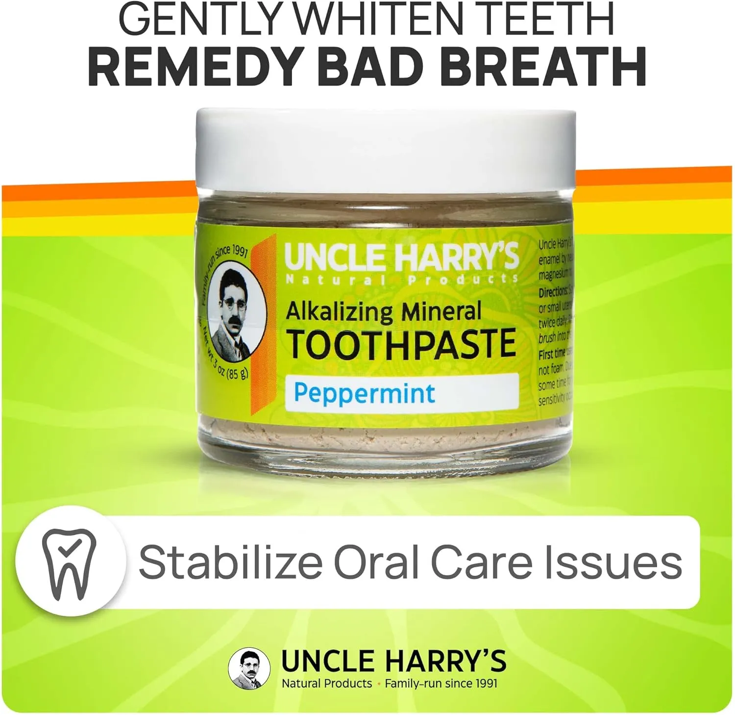 Uncle Harry's Natural & Fluoride-free Remineralizing Toothpaste - Freshens Breath & Strengthens Enamel - Peppermint, 3 Ounce (Pack of 1)