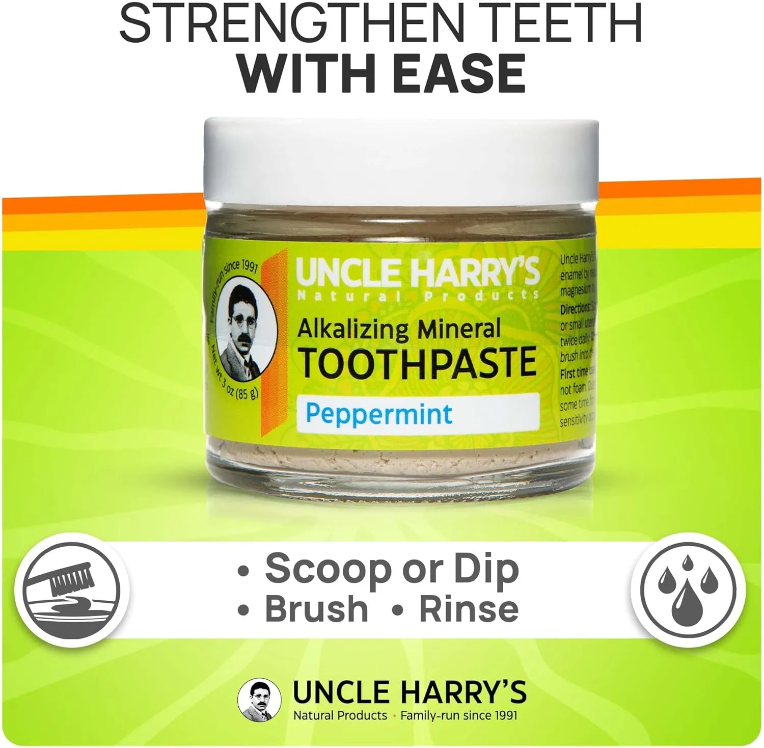 Uncle Harry's Natural & Fluoride-free Remineralizing Toothpaste - Freshens Breath & Strengthens Enamel - Peppermint, 3 Ounce (Pack of 1)