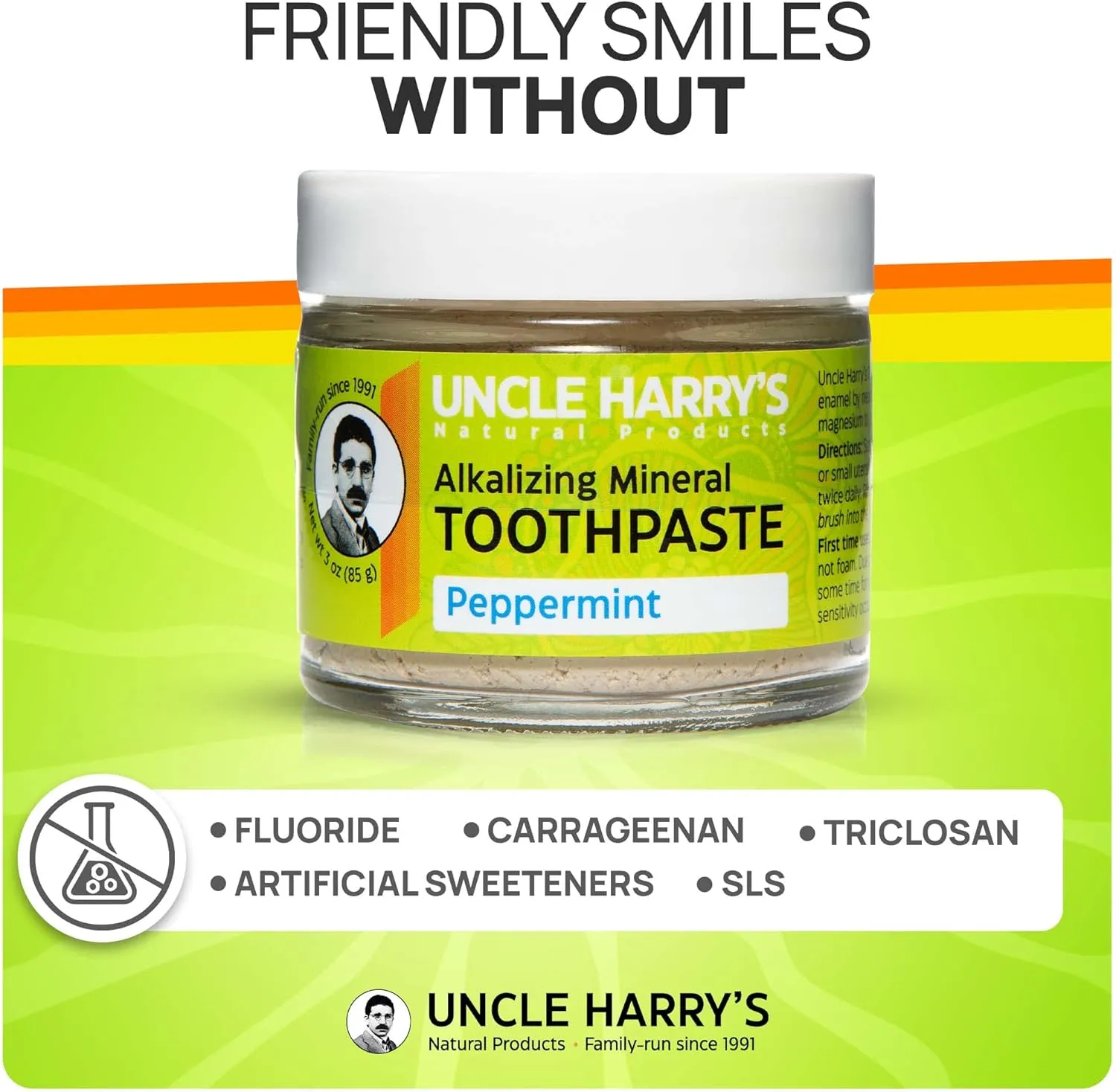 Uncle Harry's Natural & Fluoride-free Remineralizing Toothpaste - Freshens Breath & Strengthens Enamel - Peppermint, 3 Ounce (Pack of 1)