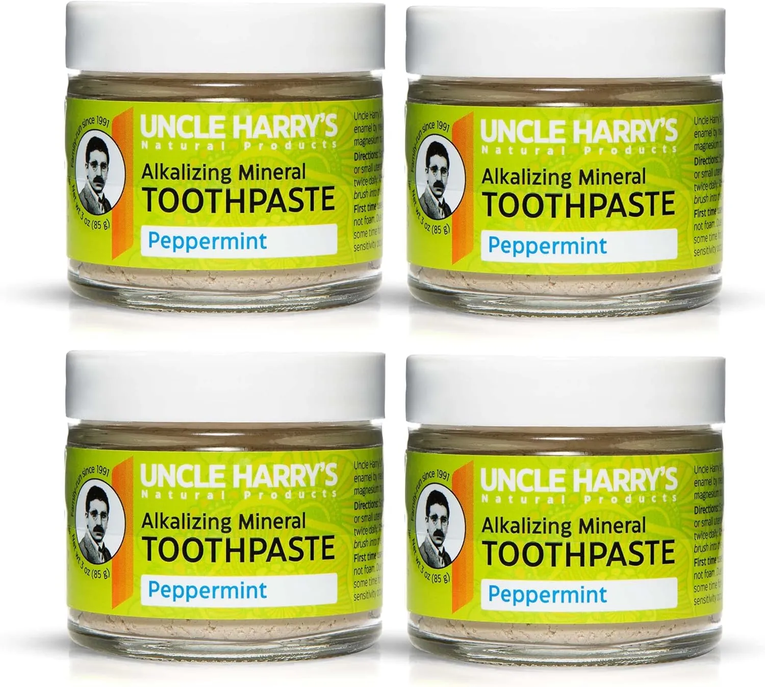 Uncle Harry's Natural & Fluoride-free Remineralizing Toothpaste - Freshens Breath & Strengthens Enamel - Peppermint (4 pack, 3 oz. jar)