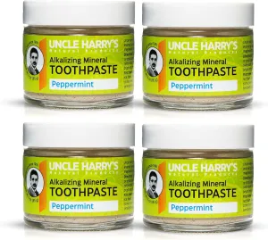 Uncle Harry's Natural & Fluoride-free Remineralizing Toothpaste - Freshens Breath & Strengthens Enamel - Peppermint (4 pack, 3 oz. jar)