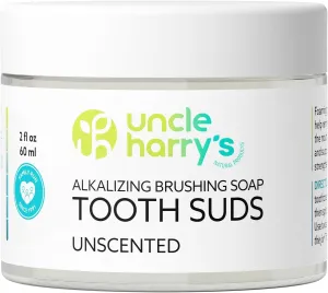 Uncle Harry's Non-Abrasive Unscented Brushing Soap Tooth Suds | Natural Remineralizing Toothpaste Freshens Breath & Promotes Enamel | Vegan Fluoride Free Toothpaste (2 oz)
