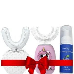 V-WHITE Ultrasonic Toothbrush Bundle: Ultimate Oral Care for The Whole Family Includes 1 X Electric Toothbrush for Adult, 1 X Electric Toothbrush for Kids and 1 X Foam Toothpaste for Kids
