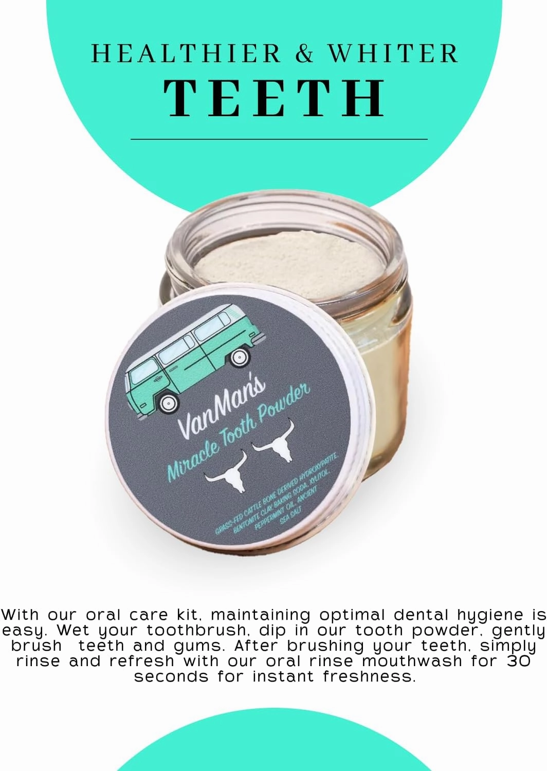 Vanman’s - Mint and Bone Tooth Powder Toothpaste - Remineralizing Tooth Powder with Cattle Bone Derived Hydroxyapatite, Bentonite Clay, Peppermint Oil and Baking Soda - 2 oz