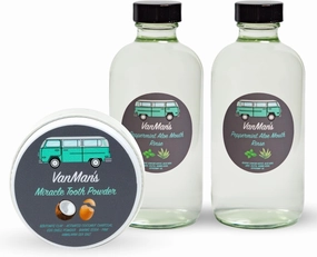 Vanman's - Oral Mouth Care Kit with Powder Toothpaste (2.5 Ounce) and Two Oral Rinse Mouthwash (8 Ounce) - Aloe, Mint Remineralizing Mouthwash and Tooth Powder with Coconut Charcoal, Egg Shell