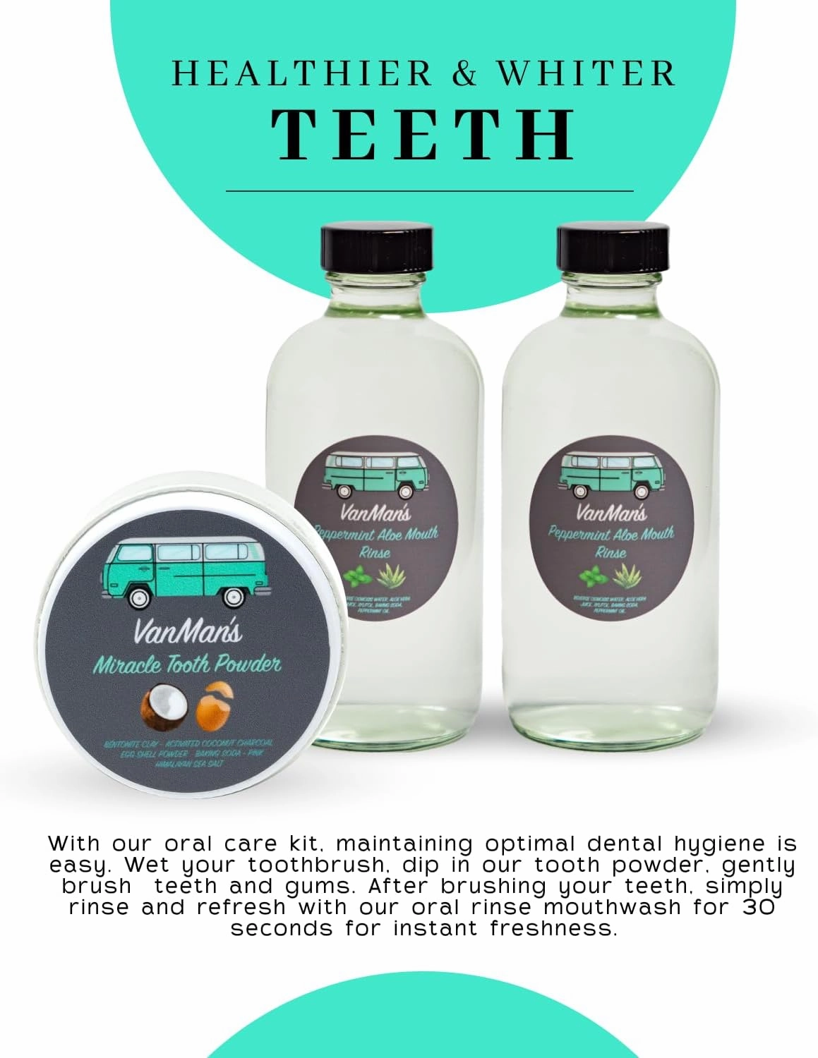 Vanman's - Oral Mouth Care Kit with Powder Toothpaste (2.5 Ounce) and Two Oral Rinse Mouthwash (8 Ounce) - Aloe, Mint Remineralizing Mouthwash and Tooth Powder with Coconut Charcoal, Egg Shell