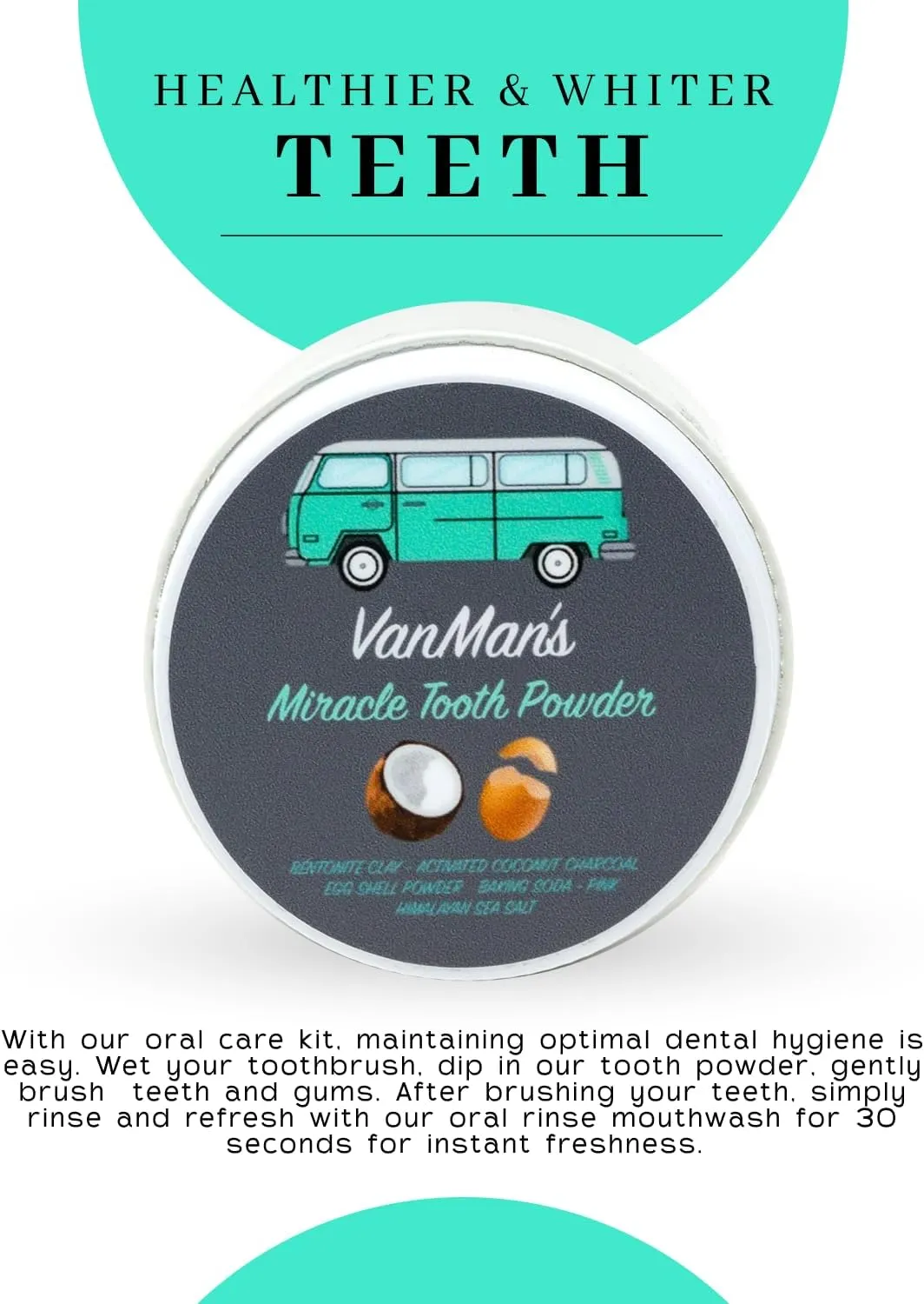 Vanman’s - Miracle Tooth Cleaning Powder Toothpaste - Fluoride-Free Whitening Tooth Powder with Coconut Charcoal, Eggshell Powder - Remineralizing Tooth Powder - 2.5 Ounce