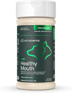 VetriScience Healthy Mouth Dog Dental Powder, Perio Support Clinically Tested Dental Powder for Dogs and Cats, Freshen Breath, Control Plaque & Tartar, Oral Health, 4.2 oz