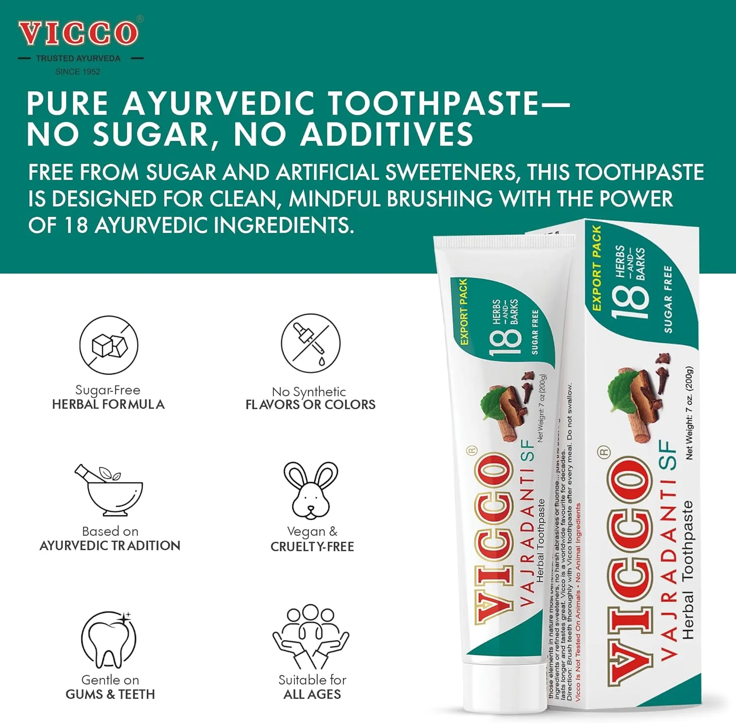 Vicco Vajradanti Ayurvedic Herbal Toothpaste by Vicco – 70 Year Legacy of Ayurveda, Sugar-Free, with 18 Ayurvedic Herbs & Barks, 100% Natural, Vegan, Fluoride-Free & Cruelty-Free – 7 oz (3 Pack)