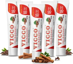 Vicco Vajradanti Ayurvedic Herbal Toothpaste by Vicco – 70 Year Legacy of Ayurveda, with 18 Ayurvedic Herbs & Barks, 100% Natural, Vegan, Fluoride-Free & Cruelty-Free – 3.53 oz (5 Pack)