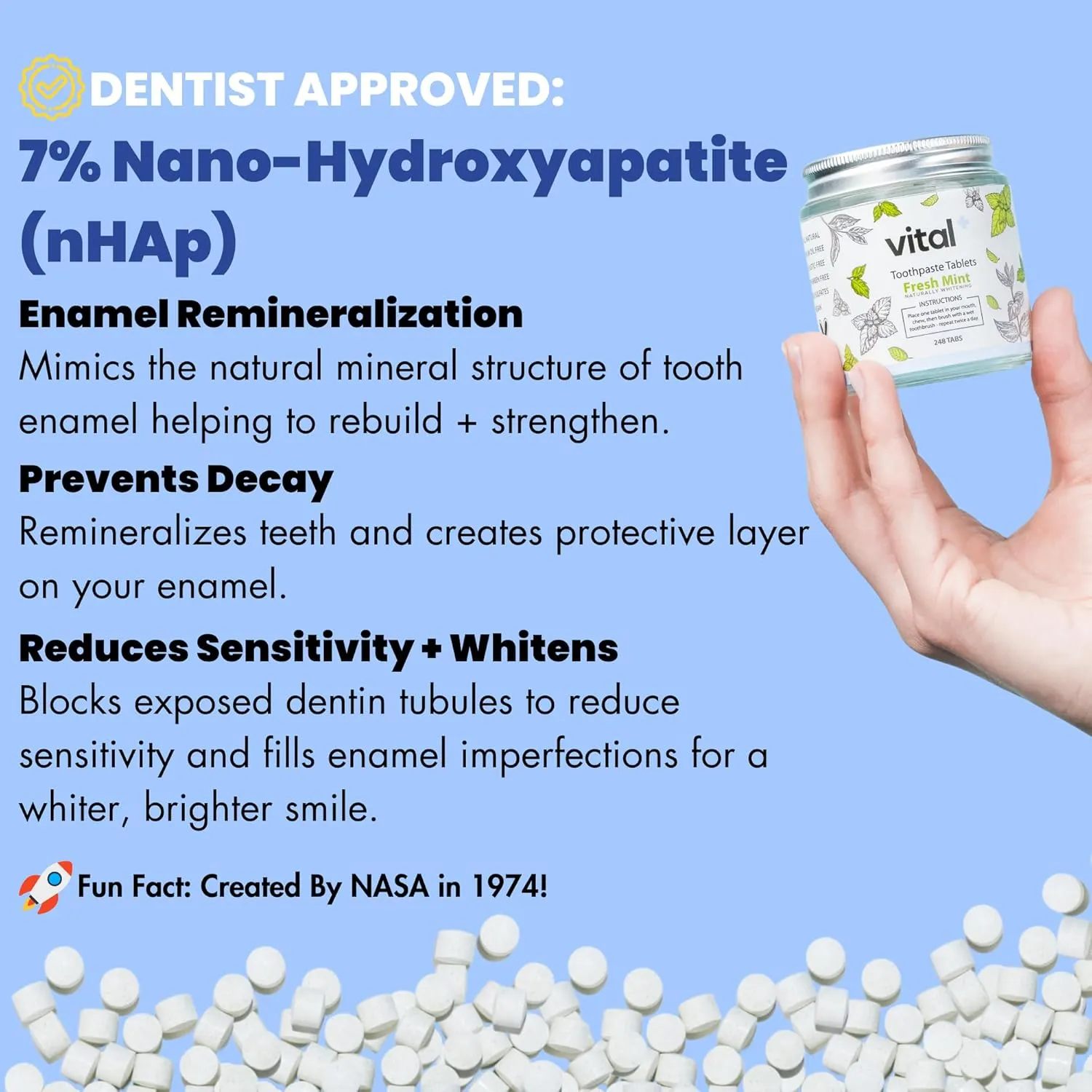 Vital Toothpaste Tabs with Nano-Hydroxyapatite | Naturally Whitens   Remineralizes Teeth | Fluoride & Plastic Free | Combats Sensitivity | Travel & Eco Friendly | Fresh Mint | 62 Tablets (1 Month)