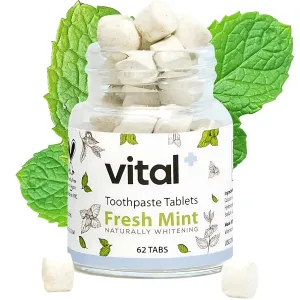 Vital Toothpaste Tabs with Nano-Hydroxyapatite | Naturally Whitens   Remineralizes Teeth | Fluoride & Plastic Free | Combats Sensitivity | Travel & Eco Friendly | Fresh Mint | 62 Tablets (1 Month)
