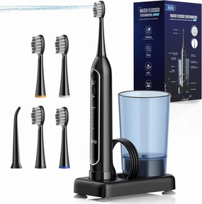 Water Flosser with Electric Toothbrush – 3 Sonic Toothbrush Modes & 5 Water Flossing Pressure – Wireless Charging & IPX7 Waterproof – Portable Travel Case Included(Black)
