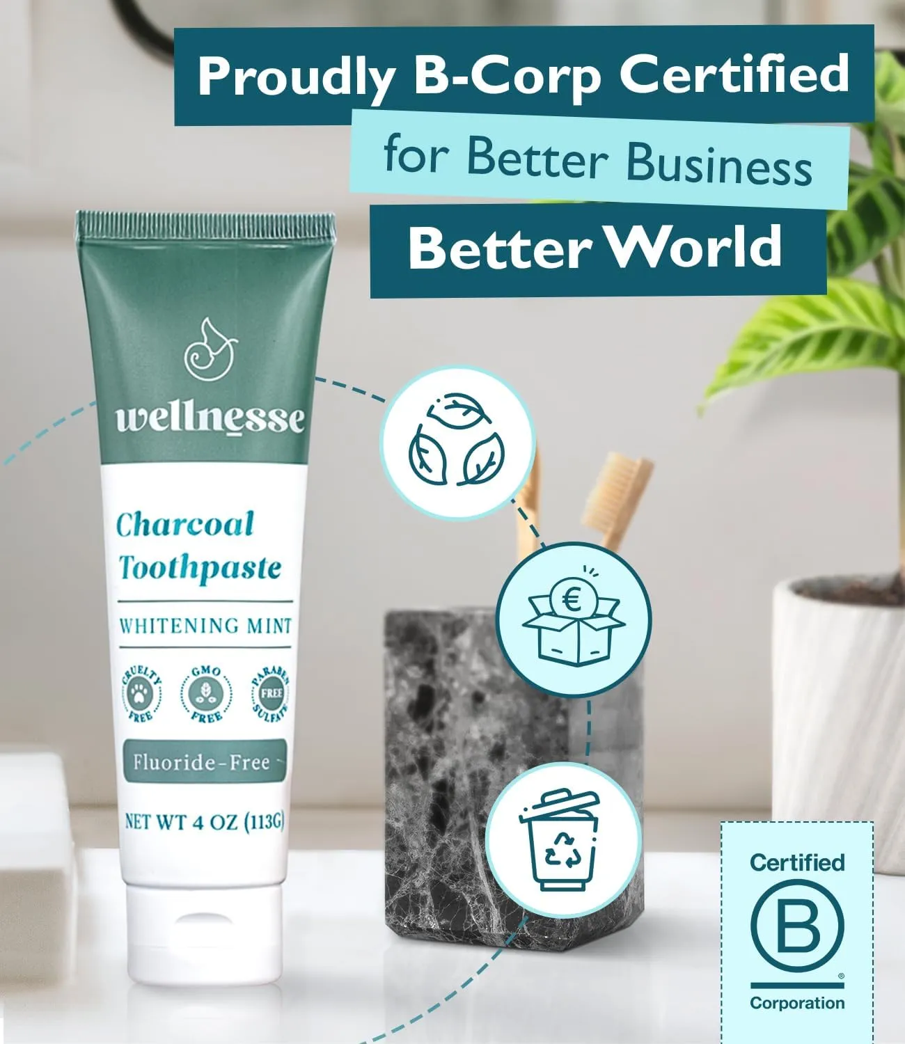 Wellnesse Activated Charcoal Whitening Toothpaste with Xylitol, Fluoride-Free Hydroxyapatite Black Charcoal Toothpaste for Adult Fresh Breath, Natural Teeth Whitening, Mint Flavor, 4 oz (Pack of 1)