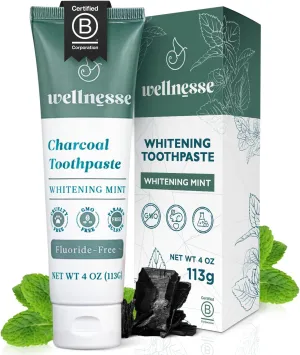 Wellnesse Activated Charcoal Whitening Toothpaste with Xylitol, Fluoride-Free Hydroxyapatite Black Charcoal Toothpaste for Adult Fresh Breath, Natural Teeth Whitening, Mint Flavor, 4 oz (Pack of 1)