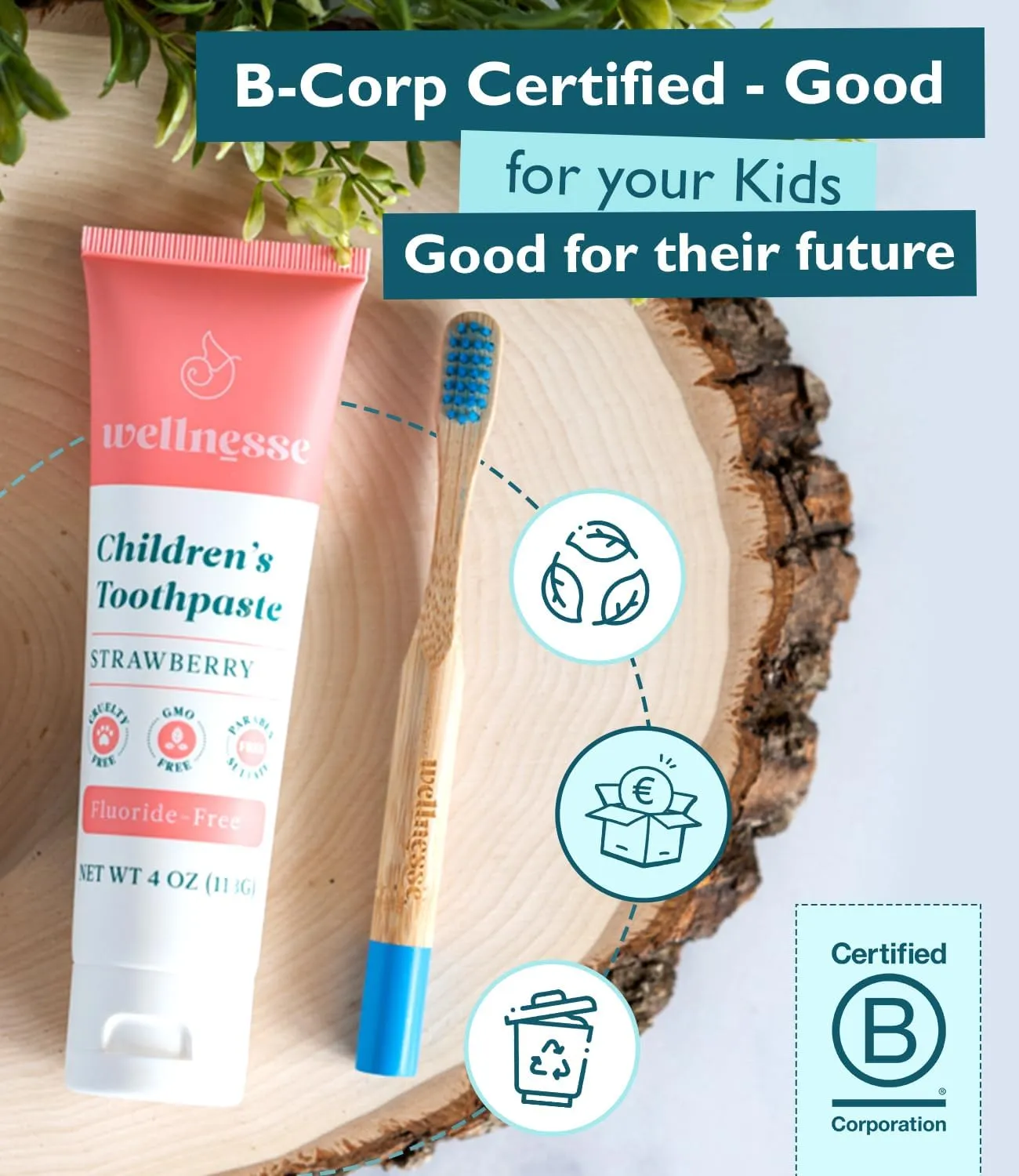 Wellnesse Kids Hydroxyapatite Toothpaste with Xylitol - Fluoride Free Toddler & Children's Natural Toothpaste, Freshens Breath, Sensory-Friendly Oral Care, Vegan, Strawberry Flavor, 4 oz (Pack of 1)