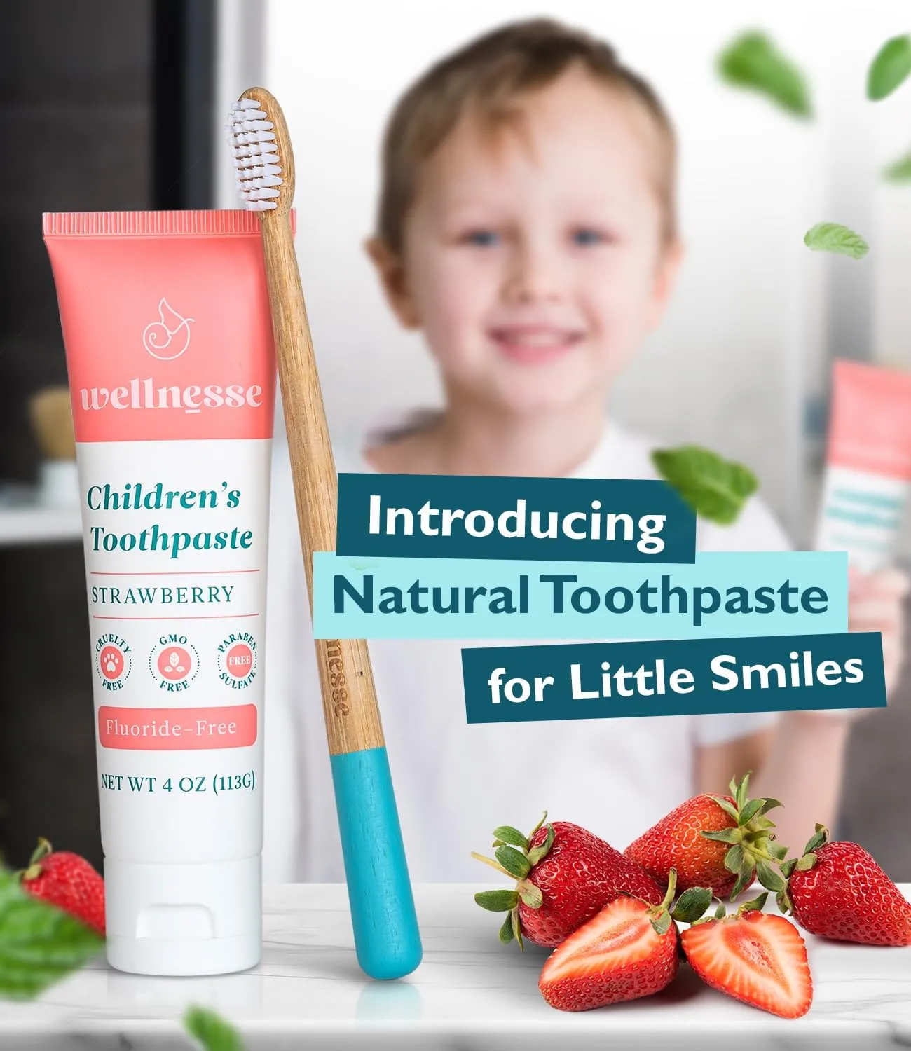 Wellnesse Kids Hydroxyapatite Toothpaste with Xylitol - Fluoride Free Toddler & Children's Natural Toothpaste, Freshens Breath, Sensory-Friendly Oral Care, Vegan, Strawberry Flavor, 4 oz (Pack of 1)