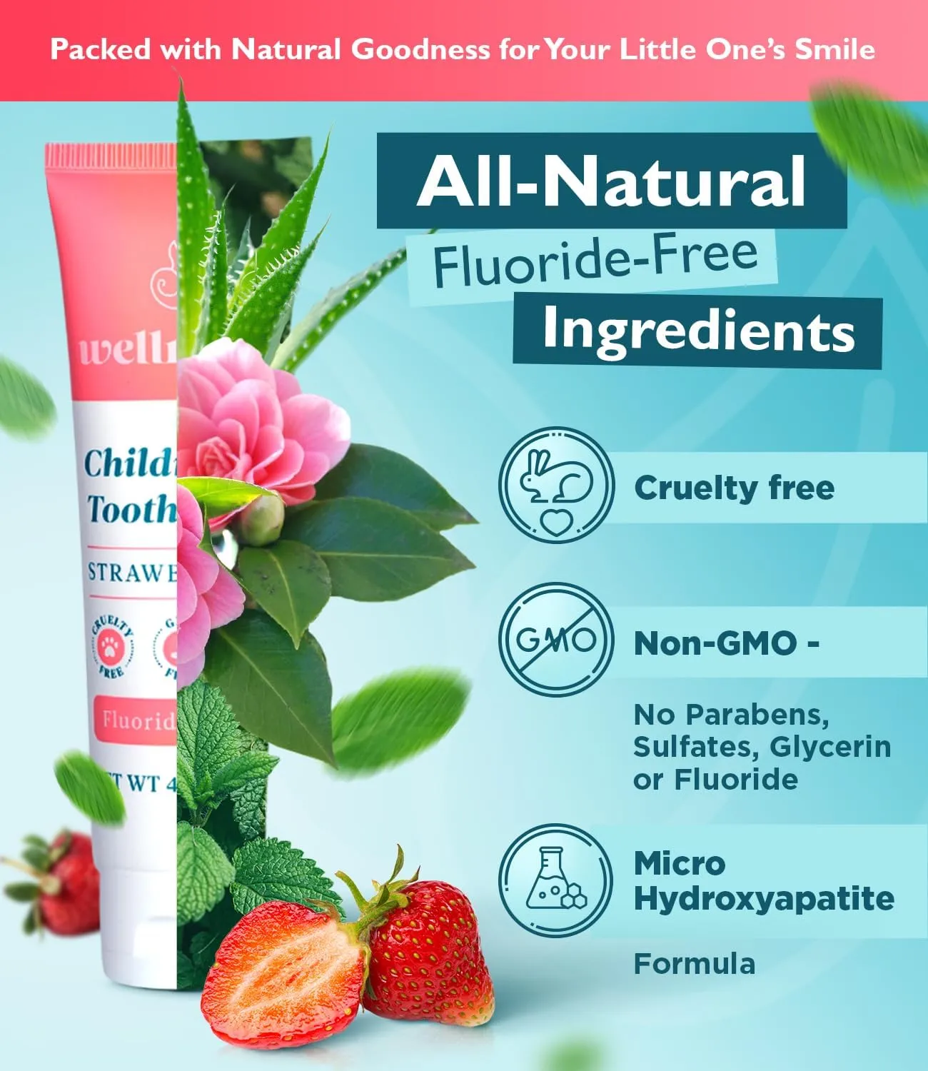Wellnesse Kids Hydroxyapatite Toothpaste with Xylitol - Fluoride Free Toddler & Children's Natural Toothpaste, Freshens Breath, Sensory-Friendly Oral Care, Vegan, Strawberry Flavor, 4 oz (Pack of 1)