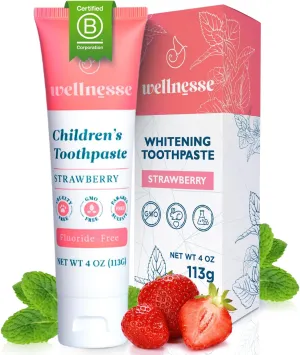 Wellnesse Kids Hydroxyapatite Toothpaste with Xylitol - Fluoride Free Toddler & Children's Natural Toothpaste, Freshens Breath, Sensory-Friendly Oral Care, Vegan, Strawberry Flavor, 4 oz (Pack of 1)