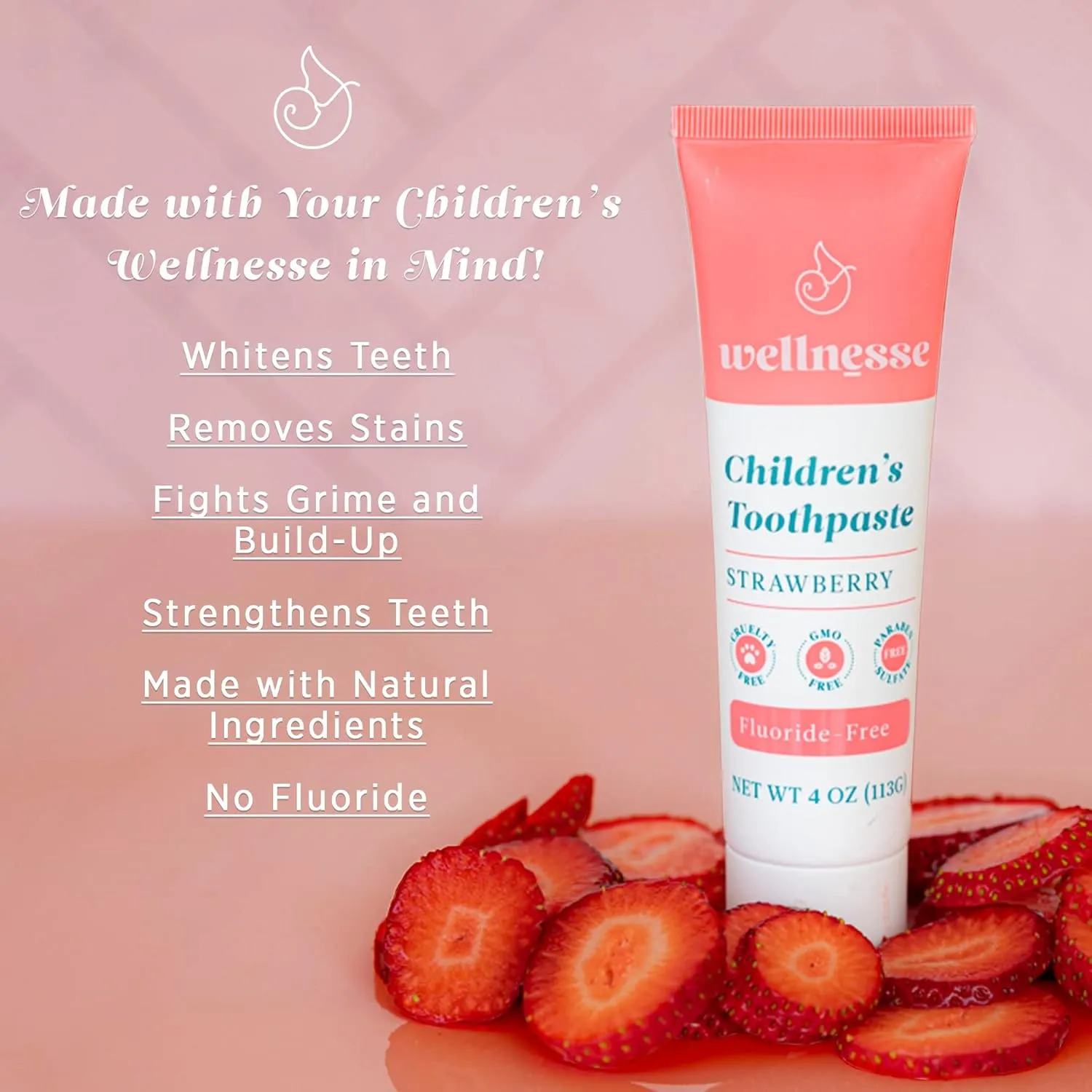Wellnesse Kids Hydroxyapatite Toothpaste with Xylitol - Fluoride Free Toddler & Children's Natural Toothpaste, Freshens Breath, Sensory-Friendly Oral Care, Vegan, Strawberry Flavor, 4 oz (Pack of 3)
