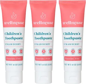 Wellnesse Kids Hydroxyapatite Toothpaste with Xylitol - Fluoride Free Toddler & Children's Natural Toothpaste, Freshens Breath, Sensory-Friendly Oral Care, Vegan, Strawberry Flavor, 4 oz (Pack of 3)