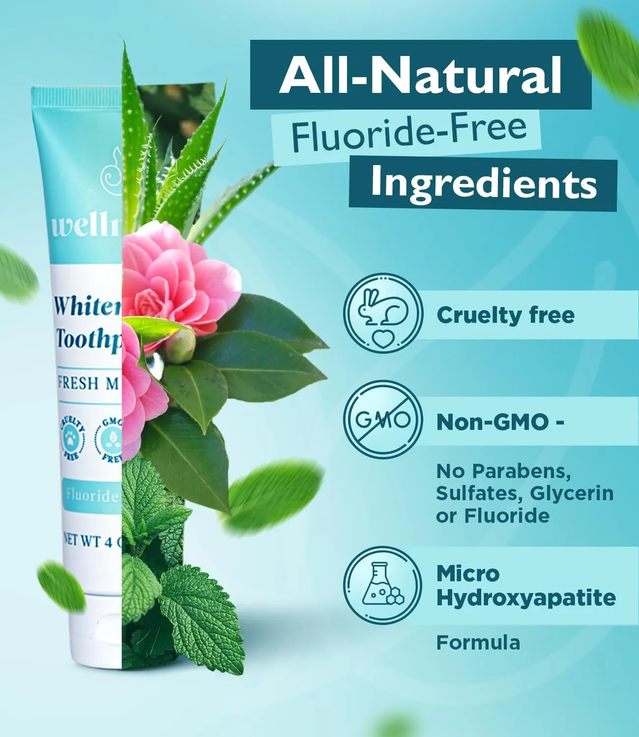 Wellnesse Whitening Hydroxyapatite Toothpaste with Xylitol, Natural Fluoride-Free Teeth Whitening Toothpaste for Adults, Strengthens Enamel, Supports Gum Health, Fresh Mint Flavor, 4 oz (Pack of 1)