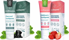 Wellnesse Complete Family Oral Care Bundle - Activated Charcoal Whitening Toothpaste for Adults & Kids Strawberry Toothpaste - Natural Ingredient, Fluoride-Free, Vegan-friendly, and Sensitivity Relief