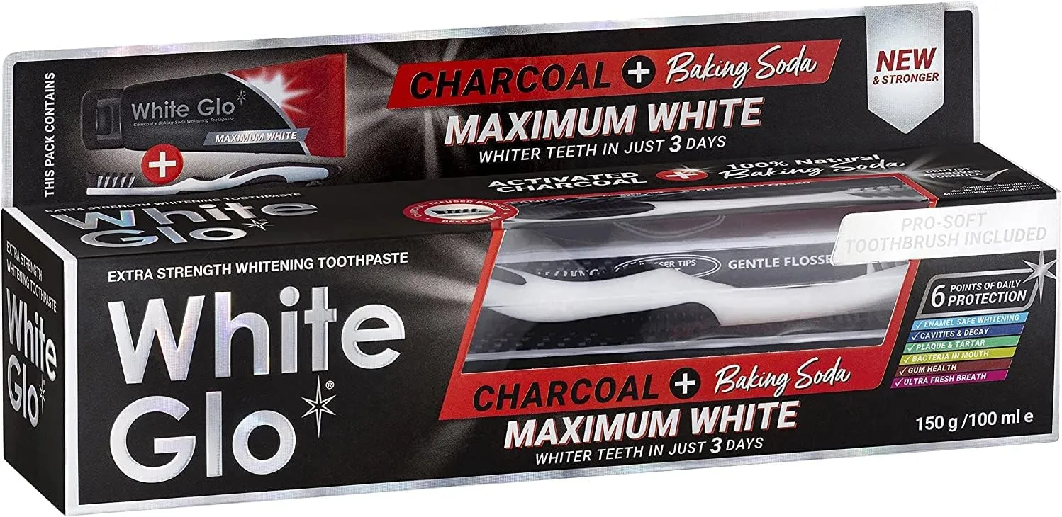 White Glo - Charcoal   Baking Soda Maximum White Toothpaste 150g