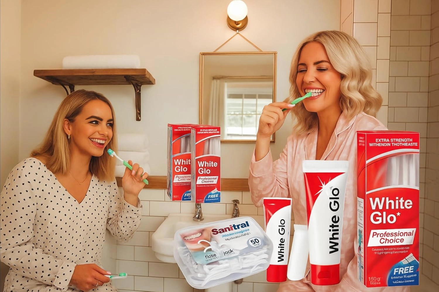 White Glo Extra Strength Whitening Toothpaste Professional Choice 100ml - 2 Packs with Sanitral 50 Pcs Dental Floss Stick Included as a Gift