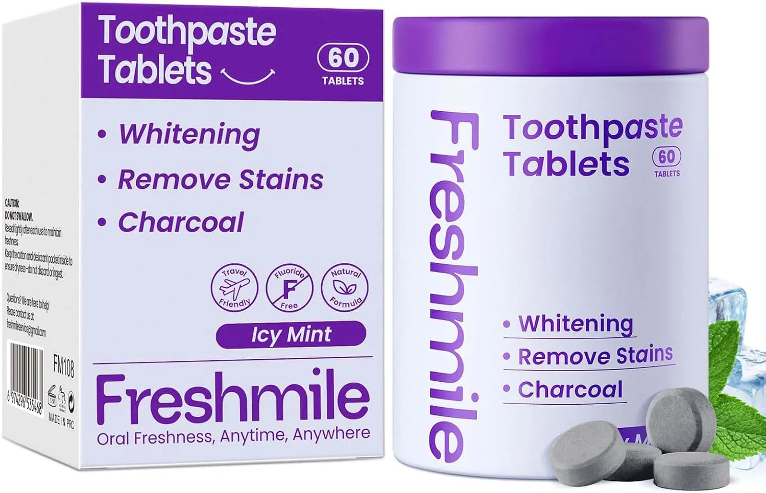 Whitening Toothpaste Tablets with Nano-Hydroxyapatite (NHA) for Smokers, Super Cold, Fluoride-Free, Charcoal Powder Whitening, Deep Clean, Enamel Repair, Travel-Friendly Tabs (60 Count)
