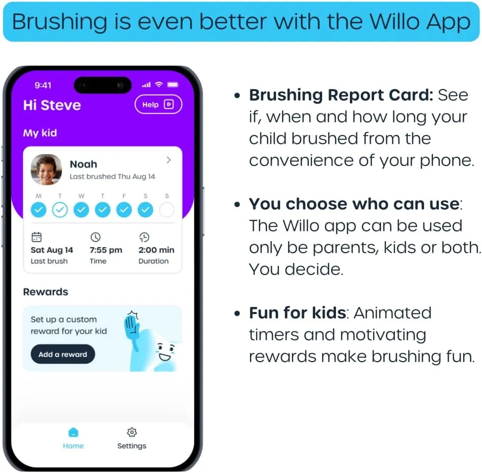 Willo Fully Automatic Kids U-Shaped Electric Toothbrush - 2 Brushing Timers, Deep-Cleans, Consistent Results, Eliminates Brushing Mistakes - Minty Mist (Large - Kids Ages 12  Years)