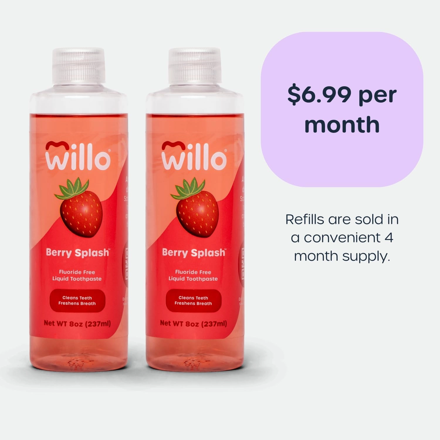 Willo Liquid Fluoride Free Toothpaste for Kids - for Use with AutoFlo Plus - Toothpaste (2-Pack, 8oz) - Berry Splash