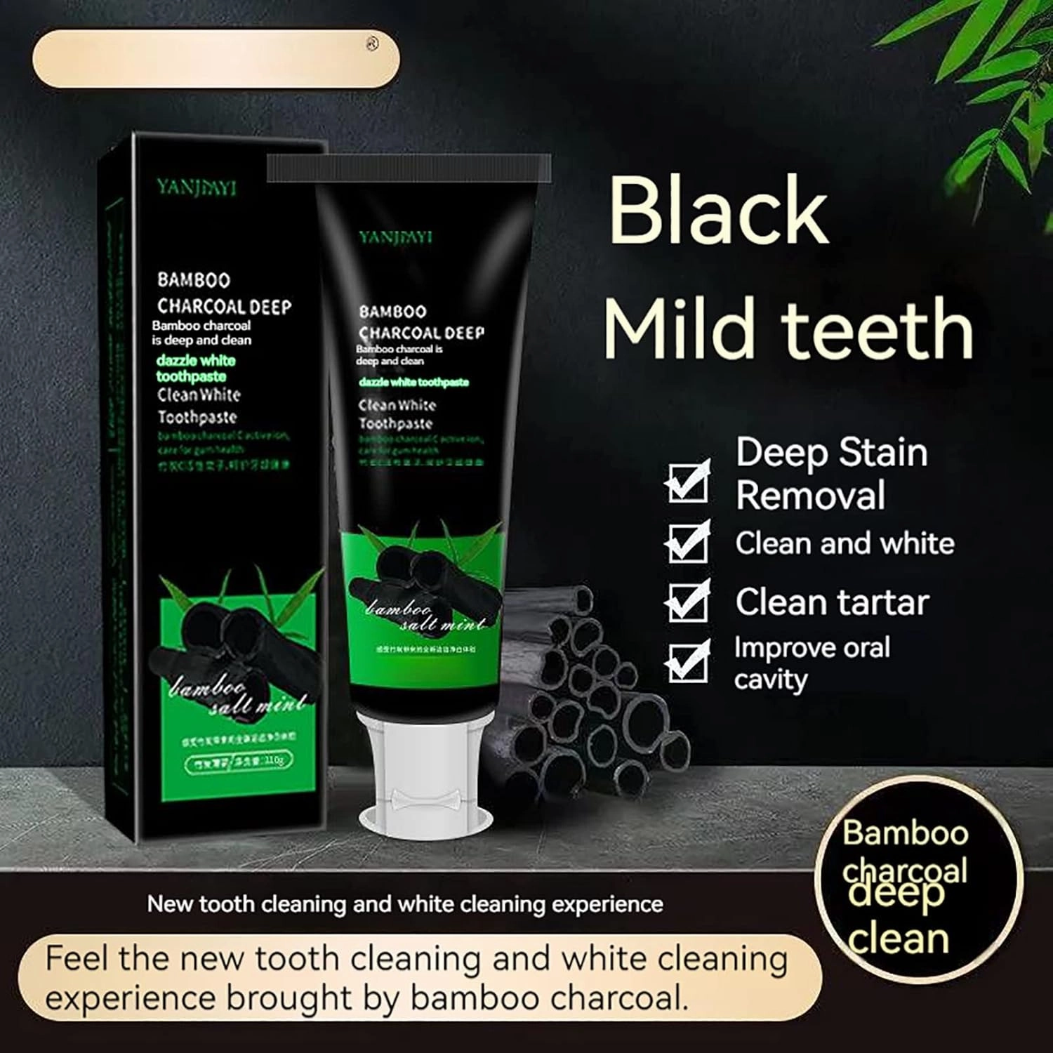 Yanjiayi Bamboo Charcoal Deep Clean White Toothpaste, Activated Charcoal Teeth Whitening, 3 Pack (Black)