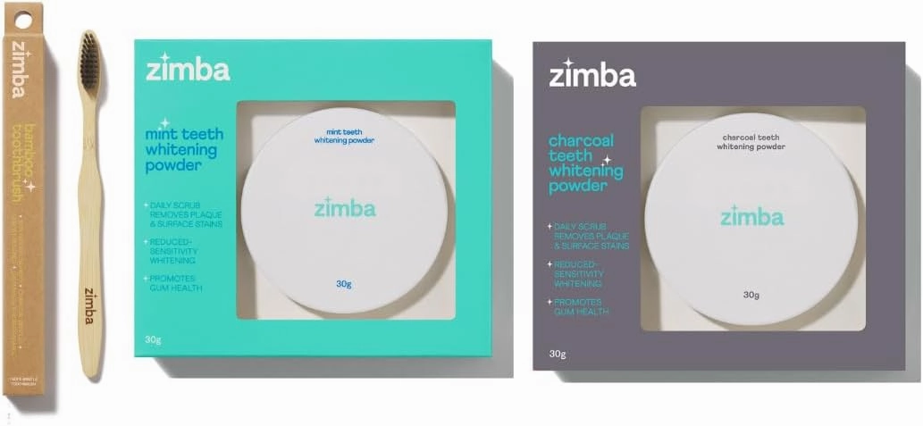 Zimba Activated Day & Night Whitening Powder Kit - Minty (30 g) and Activated Organic Charcoal Teeth Whitening Powder (30 g) with a Free Bamboo Toothbrush for Coffee, Wine, Tobacco, and Other Stains